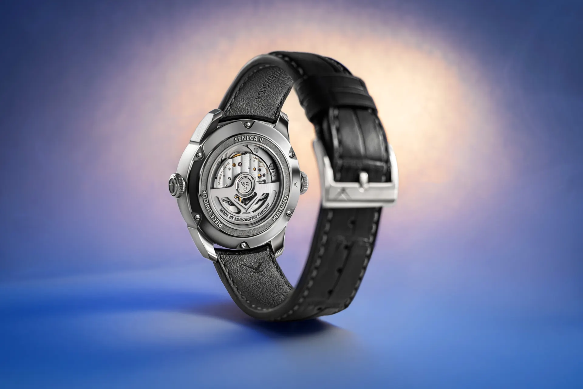 Seneca II caseback with a view of the movement